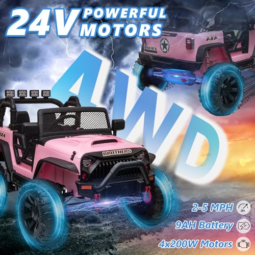24V Electric Cars Vehicles Toys for Kids -2 Seater, 4x200W Powerful Wheels 4WD Ride on Truck Kids with 3 Speed Remote Control Spring Suspension, Bluetooth, MP3 Music, Soft Brake (Hot Pink) F15319