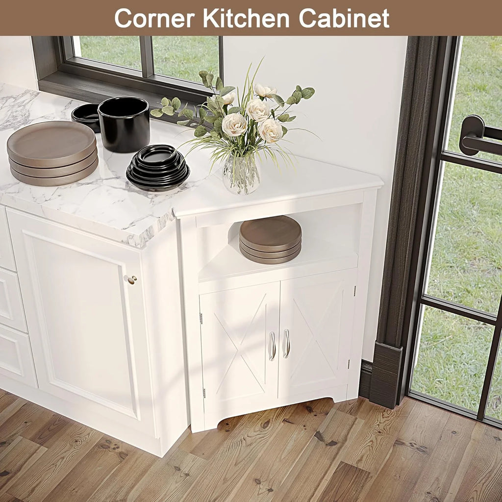 White Corner Storage Cabinet with Barn Door and Adjustable Shelf R4294