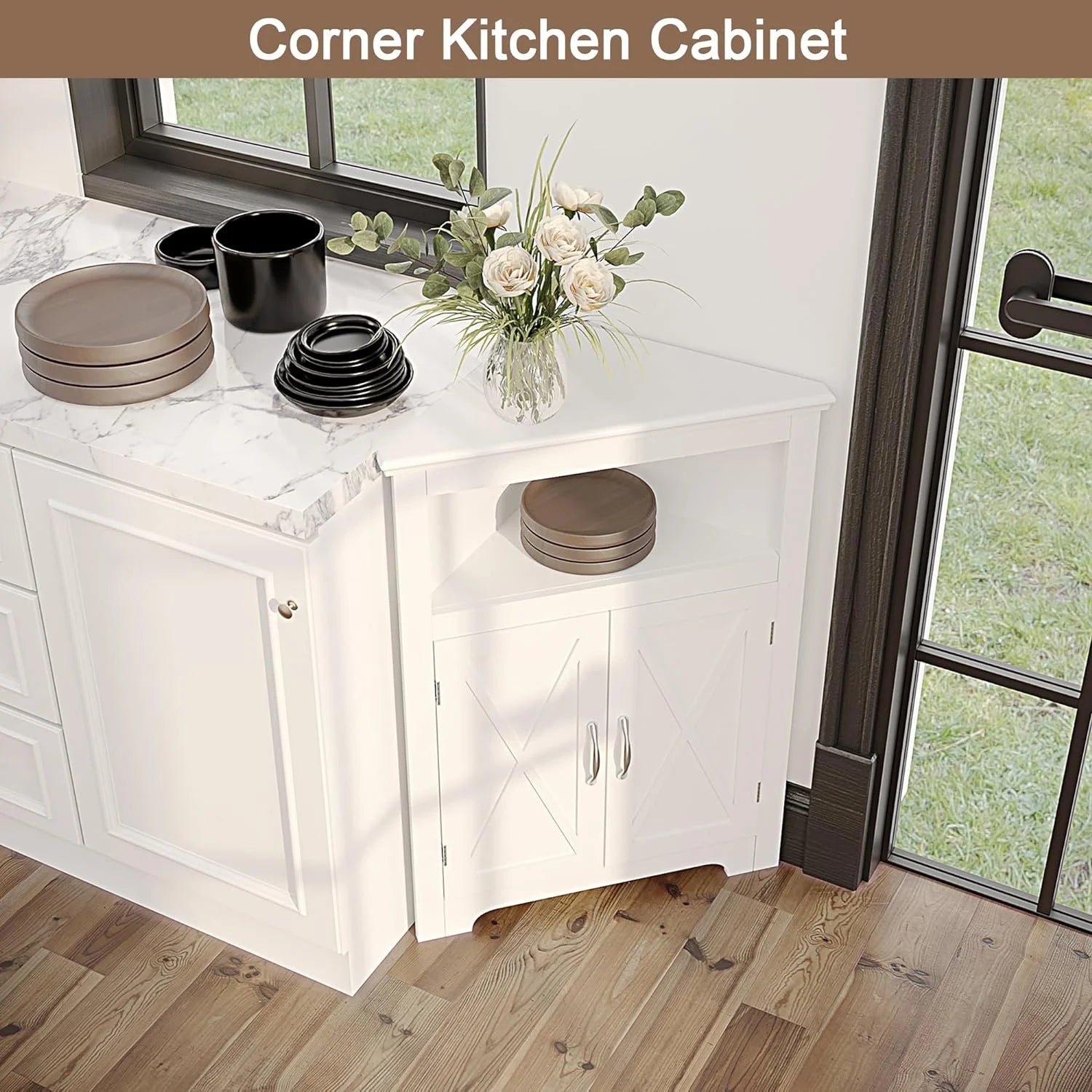 White Corner Storage Cabinet with Barn Door and Adjustable Shelf R4294