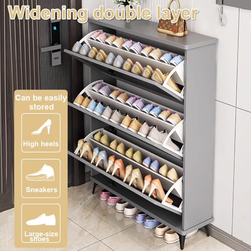 Gray Slim Shoe Cabinet with 3 Flip Drawers J158