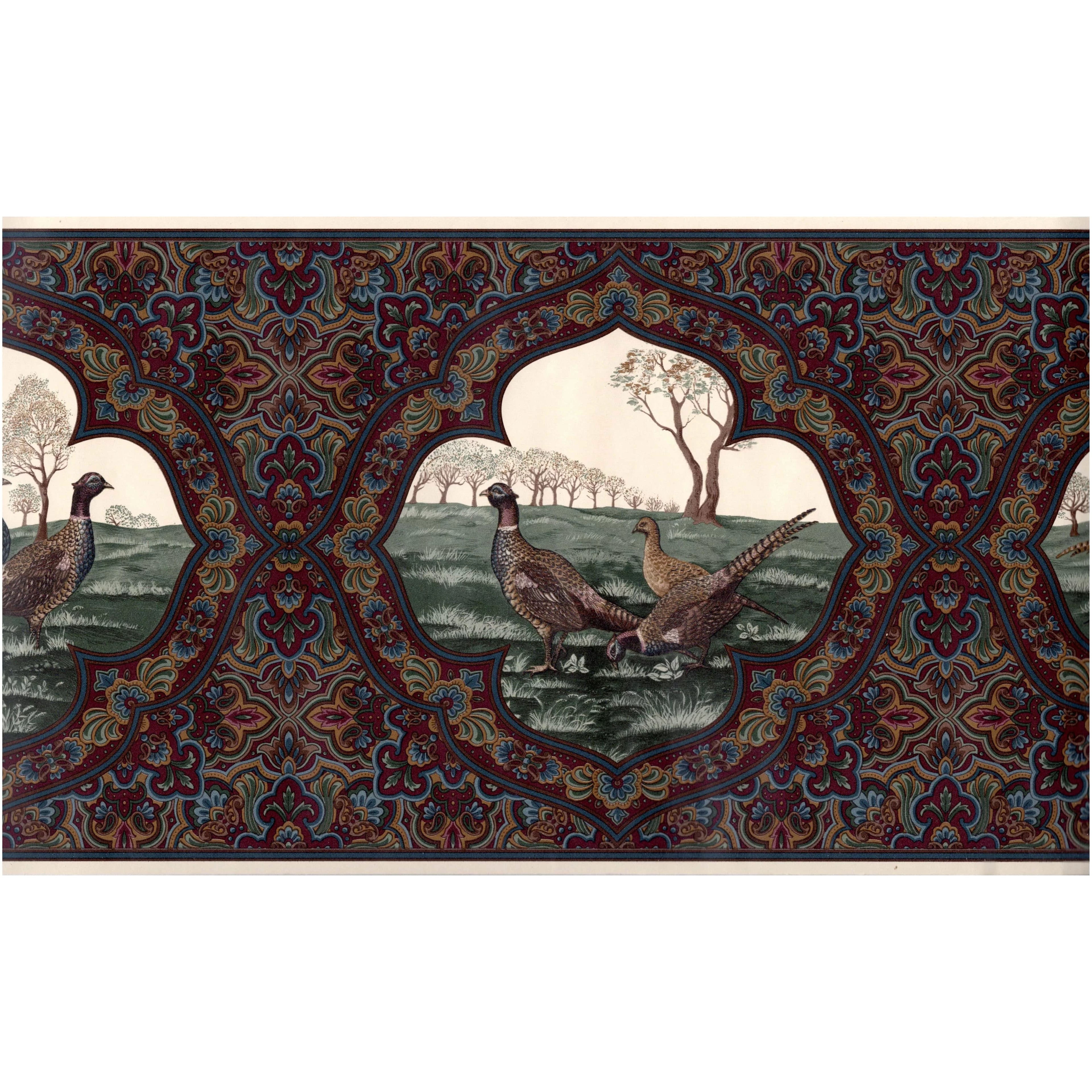 Dark burgundy, Green, Blue, Brown Wallpaper Border, 15' L x 10.25" W P888008