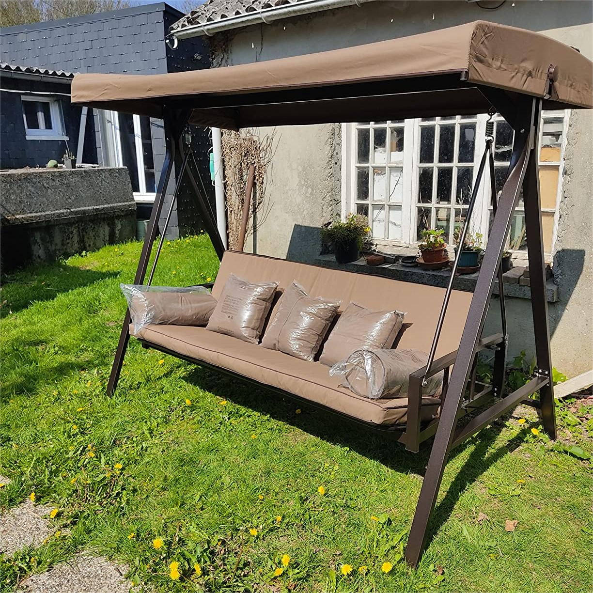 3-Seat Outdoor Swing Chair with Weather Resistant Steel Frame, Beige J1452