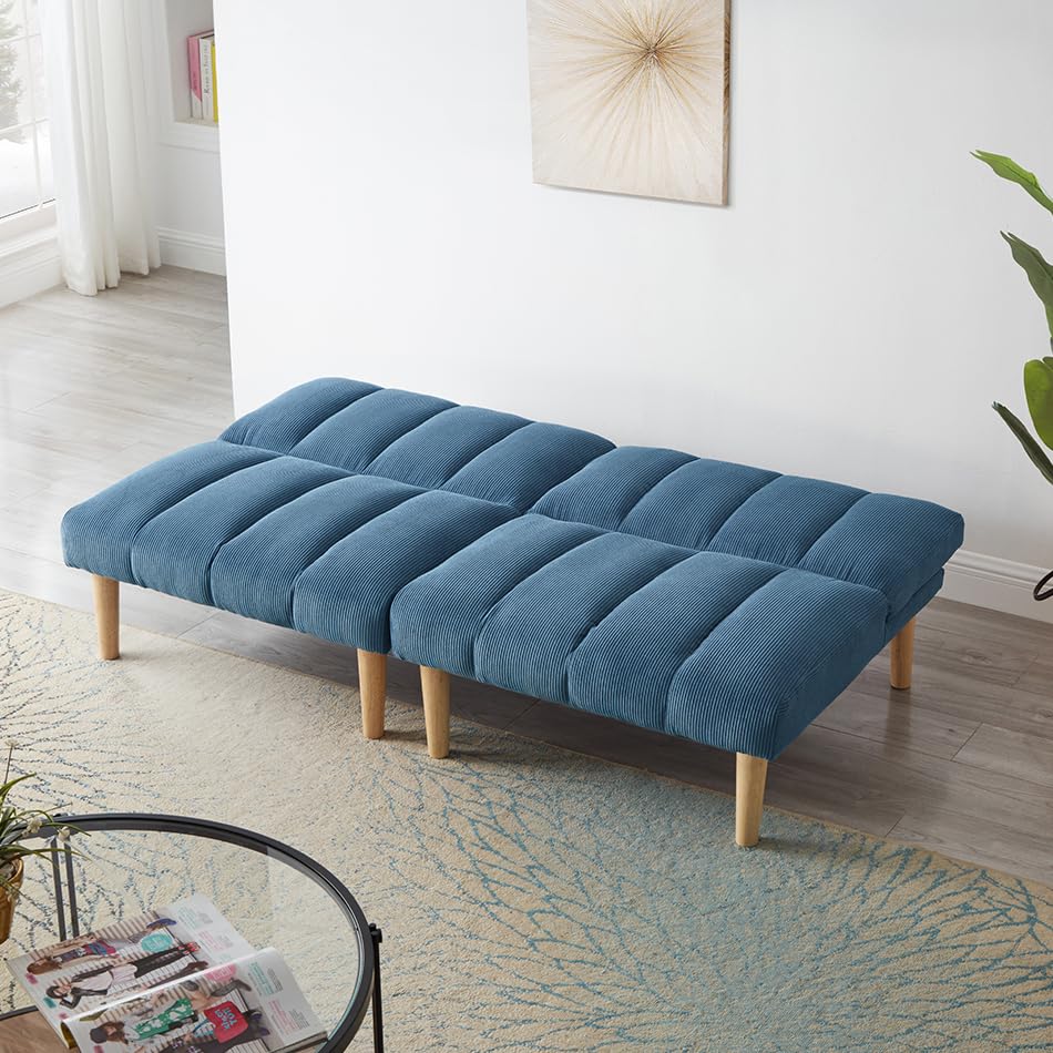 Blue Corduroy Convertible Folding Sleeper Loveseat Sofa A117948