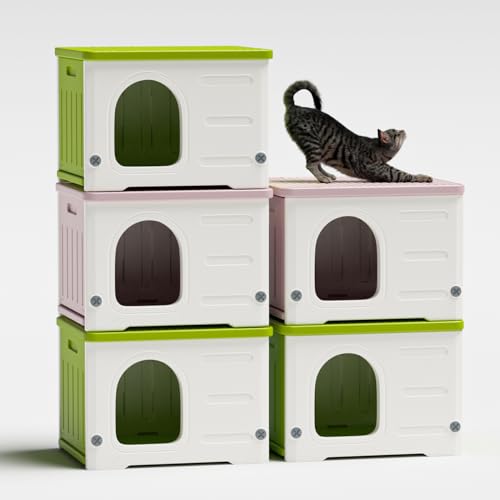Green Stackable Plastic Cat House with Scratching Board & Cushion E5162