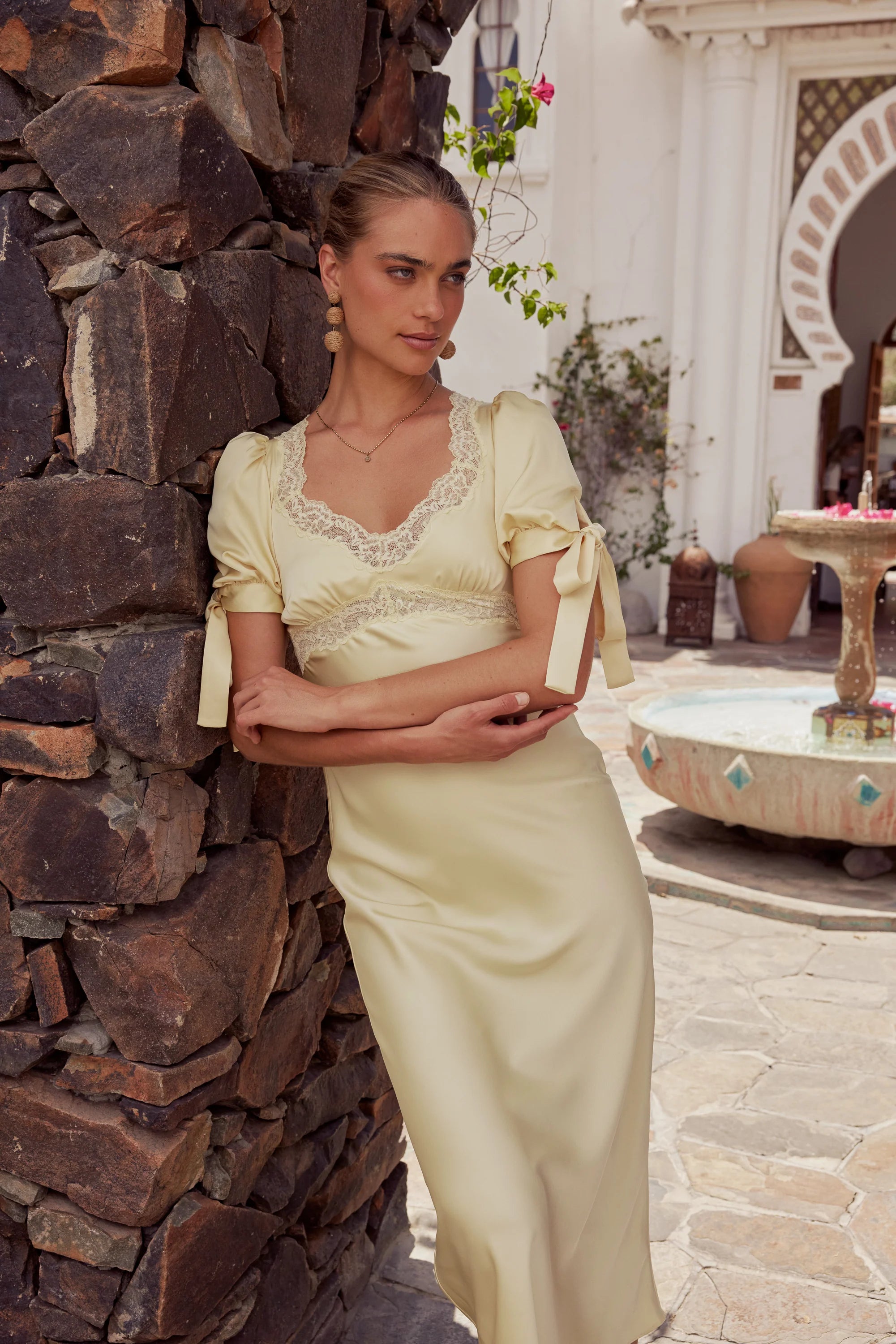 Butter Yellow Lace Trim Maxi Dress V200095
