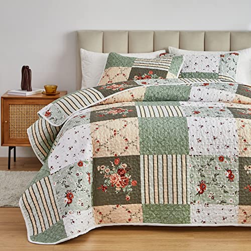 Full/Queen Size 3 Pieces Green Floral Plaid Microfiber Reversible Quilt Set A114
