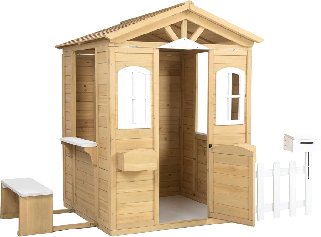 Natural Wooden Playhouse with Working Door, Windows, Mailbox, Bench, Flowers Pot Holder J857