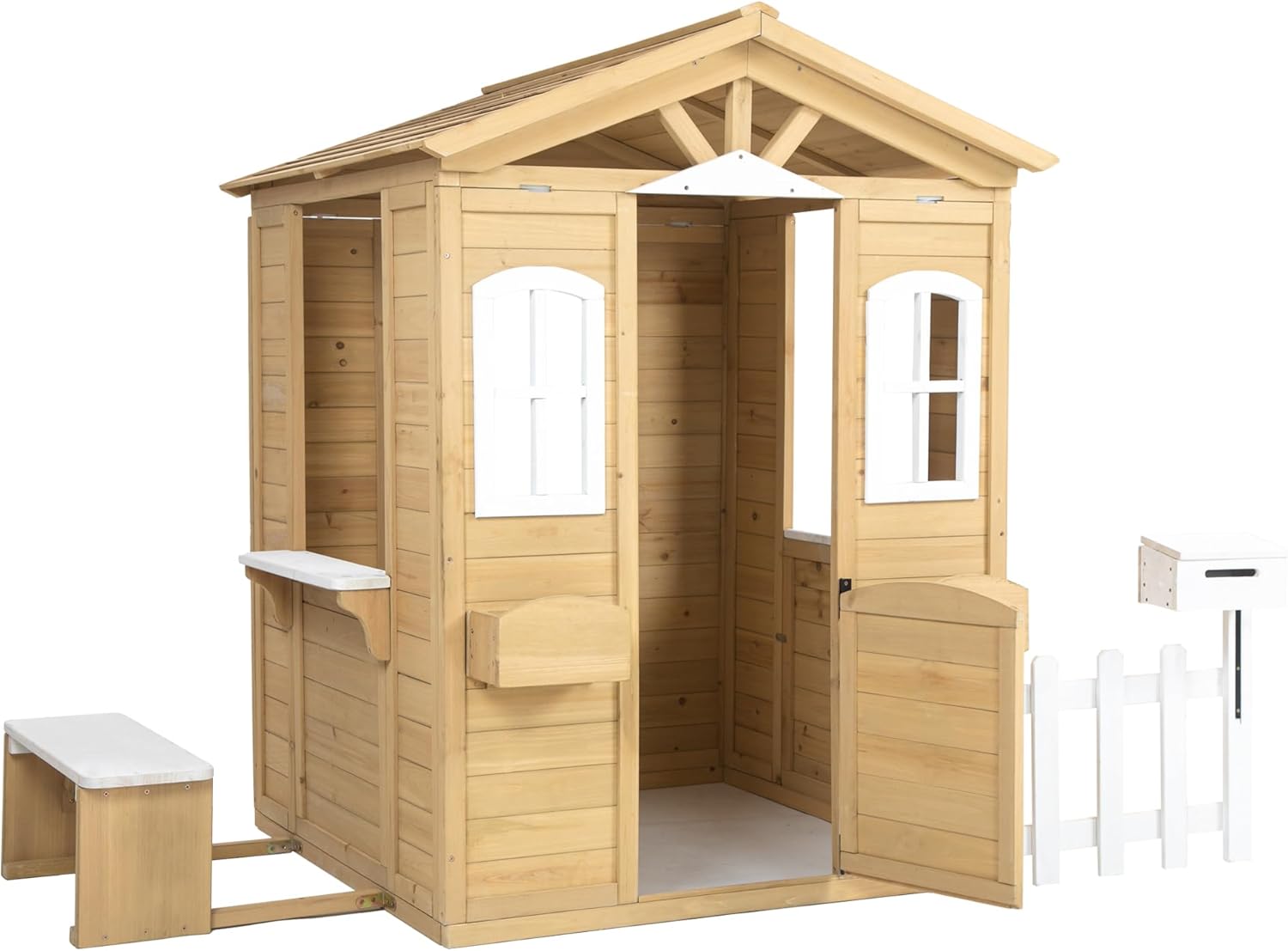 Natural Wooden Playhouse with Working Door, Windows, Mailbox, Bench, Flowers Pot Holder J857