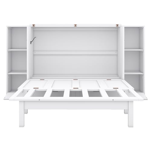 White Queen Size Wood Murphy Bed with Shelves and Storage Drawers U66402