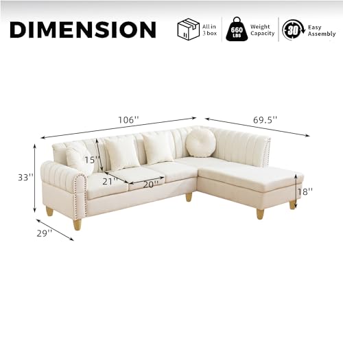 White L-Shape Sectional Sofa with Curved Armrests R3979