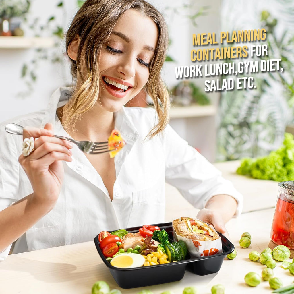 50 Pack 32oz 2 Compartment Meal Prep Container Microwave Safe BPA-Free Black X4212