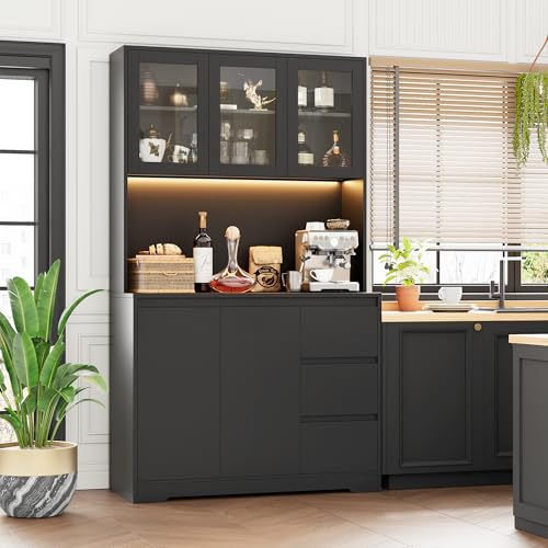 Black 71" Kitchen Pantry Cabinet with LED Lights and Charging Station R267550
