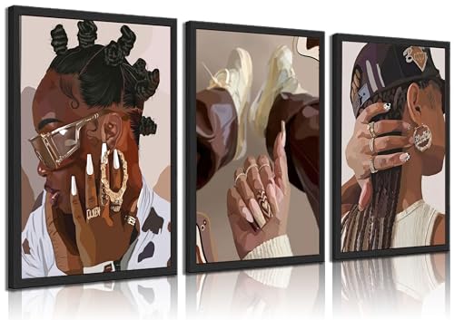 3Pcs Framed Canvas Wall Art Black Girl Wall Decor Posters Prints Paintings A31149