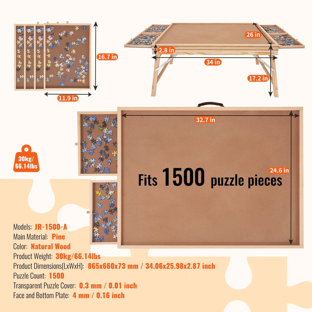 1500 Piece Puzzle Board with Folding Legs & 4 Sliding Drawers 32.7" x 24.6" Wooden Jigsaw Puzzle Table Z2456