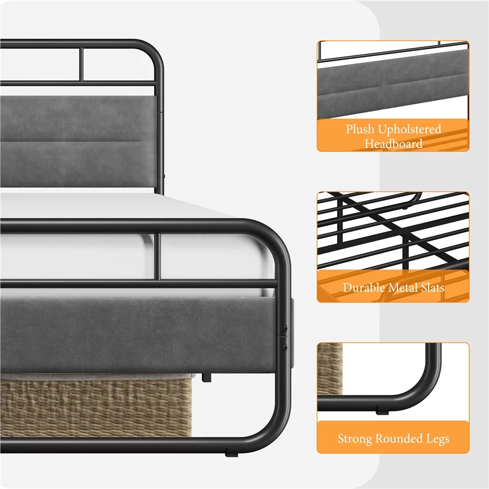 Queen Size Metal Platform Bed with Velvet Upholstered Headboard Dark Gray W98538