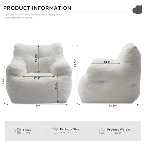 Giant Teddy Plush Bean Bag Sofa Chair with Armrests and Pocket (Ivory) G4581