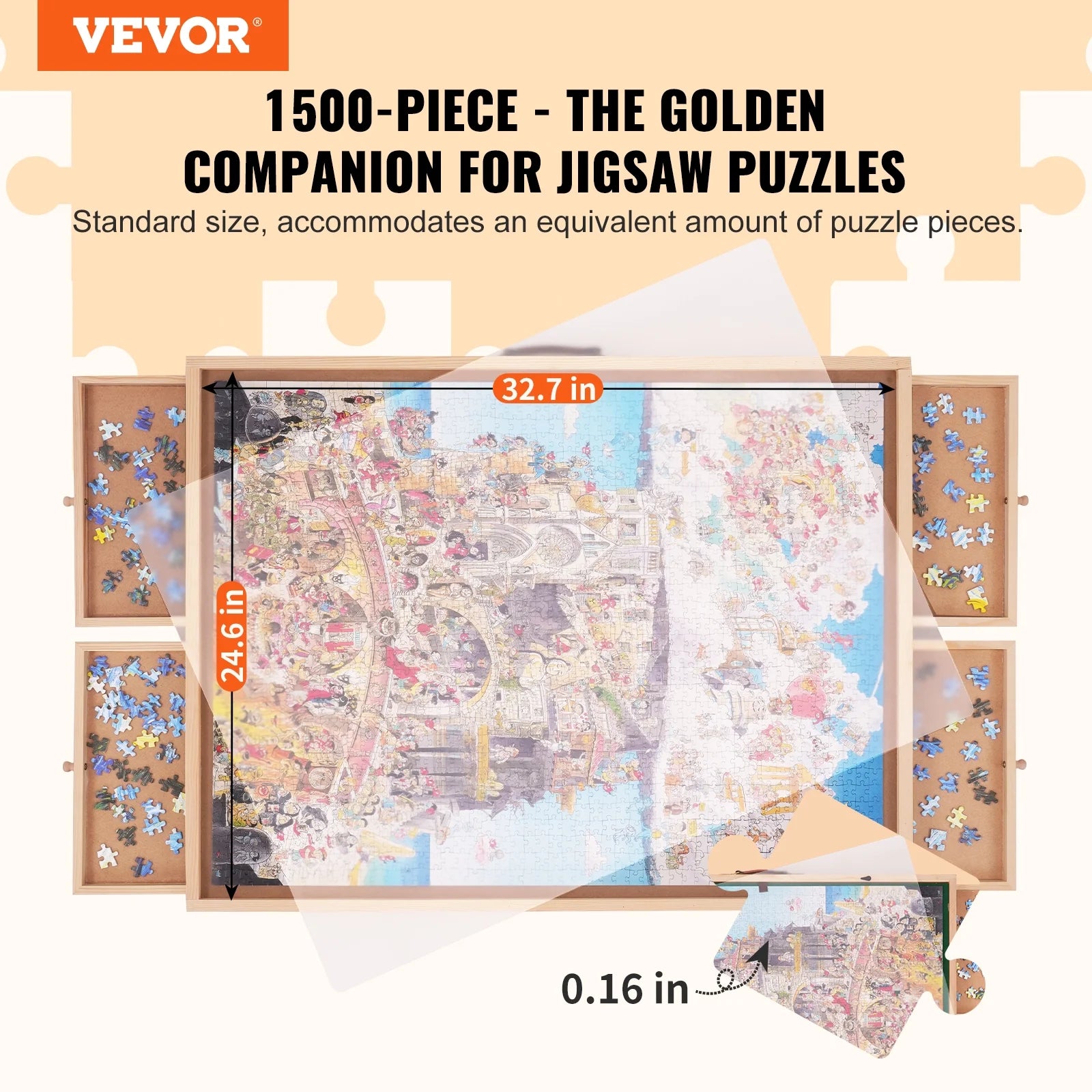 1500 Piece Puzzle Board with Folding Legs & 4 Sliding Drawers 32.7" x 24.6" Wooden Jigsaw Puzzle Table Z2456