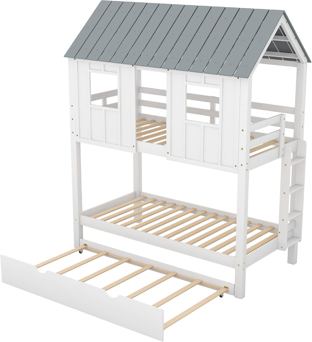 White Twin Over Twin Wood Bunk Beds with Trundle Q882589
