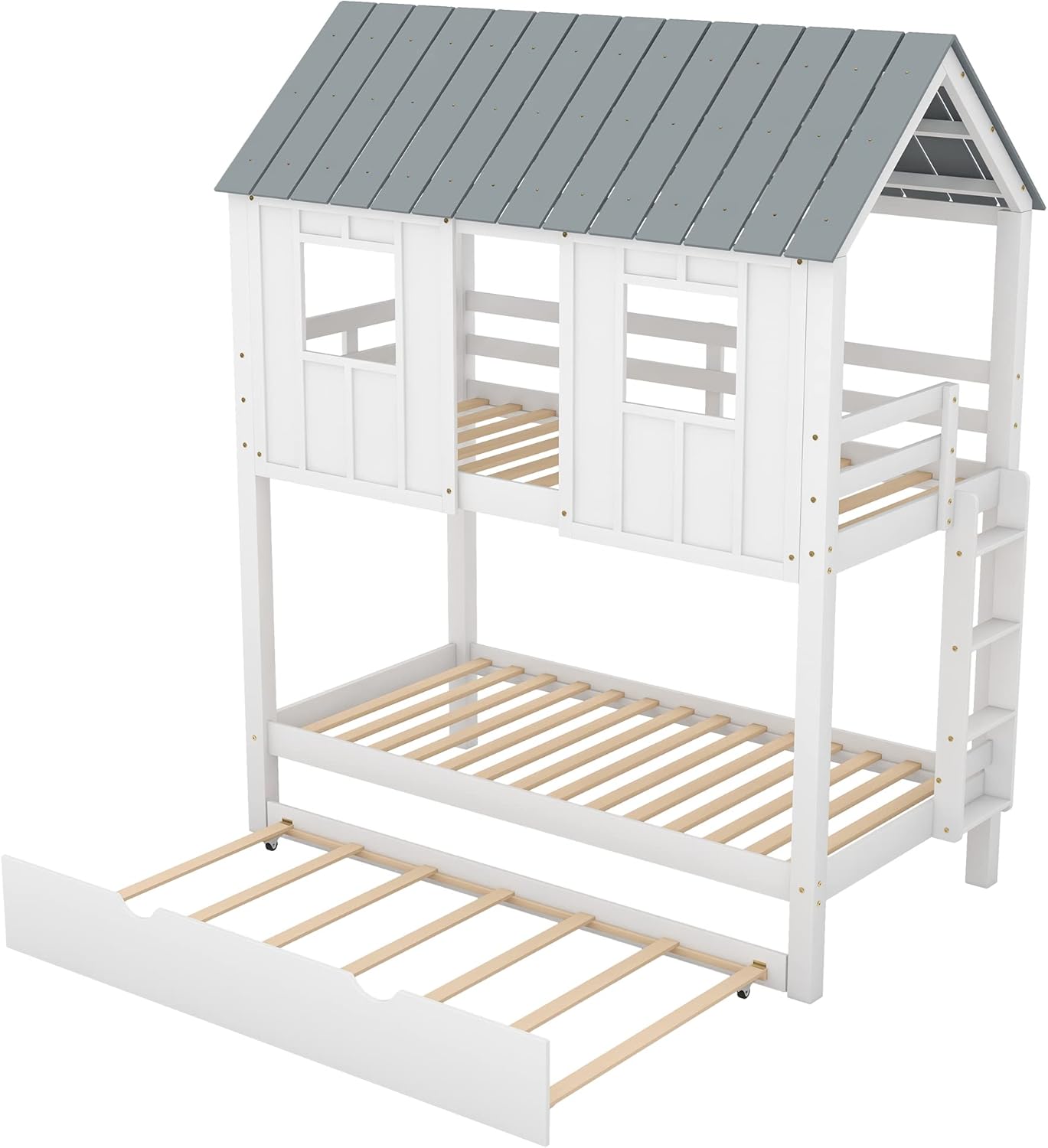 White Twin Over Twin Wood Bunk Beds with Trundle Q882589
