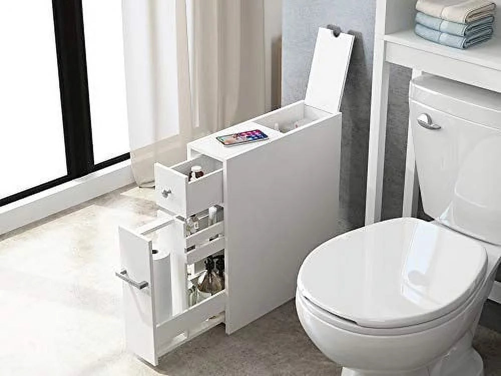 White Slim Bathroom Storage Cabinet with Toilet Paper Holder and Slide Out Drawer S97257