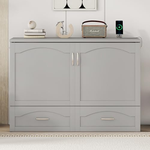 White Solid Wood Queen Size Murphy Bed with Storage and Bookcase Headboard L8840