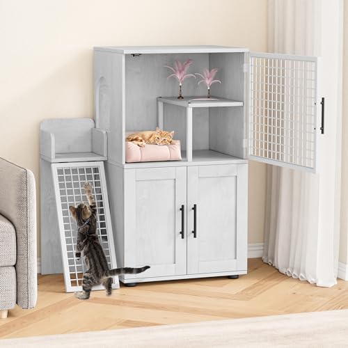 Cat Litter Box Enclosure with Platform, Double Layer, 33.5" L x 17.9" W x 41.9" H, Wax Wood E700054
