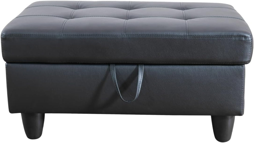Black Faux Leather 3 Piece L Shape Sectional Sofa Set with Storage Ottoman G8817