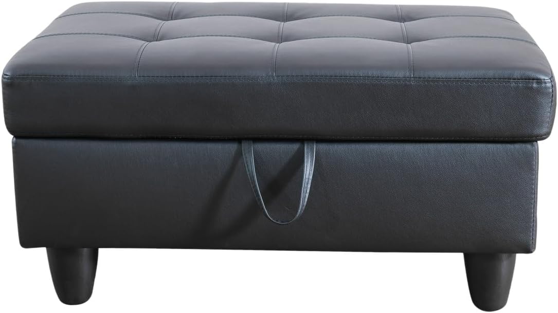 Black Faux Leather 3 Piece L Shape Sectional Sofa Set with Storage Ottoman G8817