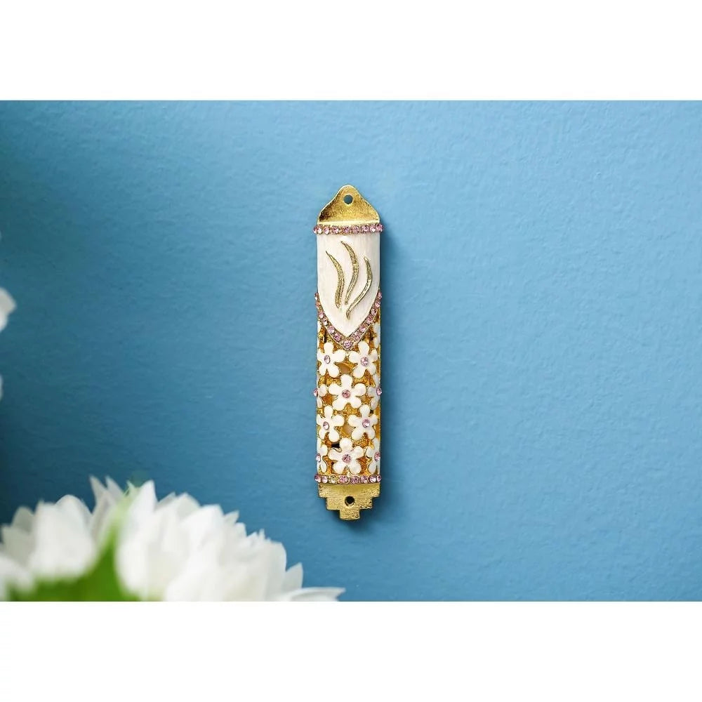 Hand Painted Enamel Mezuzah with Gold Accents and Purple Crystals J1783