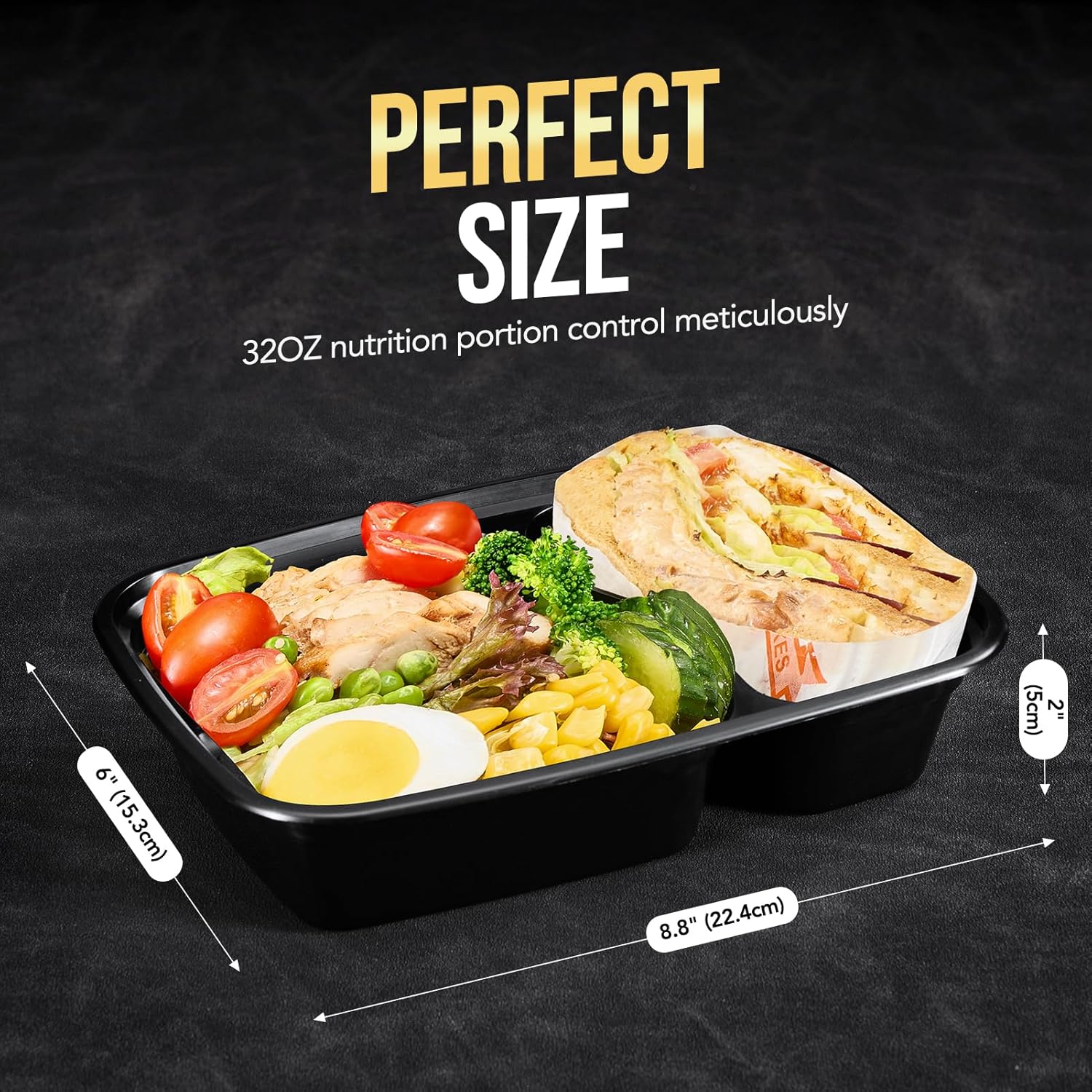 50 Pack 32oz 2 Compartment Meal Prep Container Microwave Safe BPA-Free Black X4212