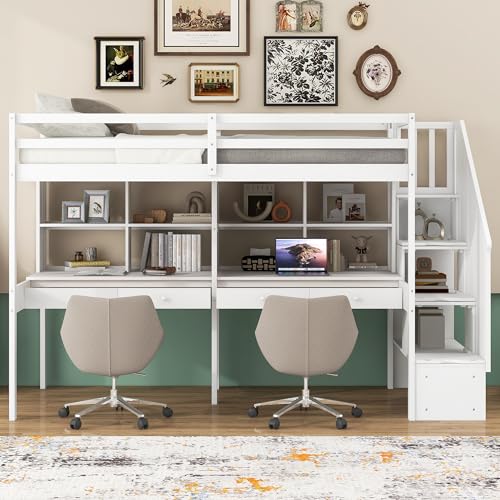 White Twin Size Wood Loft Bed with Stairs and Desks F6679