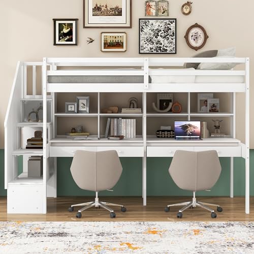 White Twin Size Wood Loft Bed with Stairs and Desks F6679
