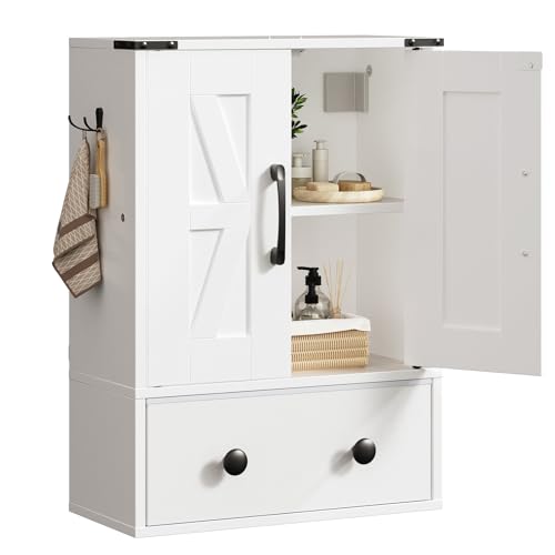 White Double-Door Wall Mounted Bathroom Cabinet with Fabric Drawer H7088