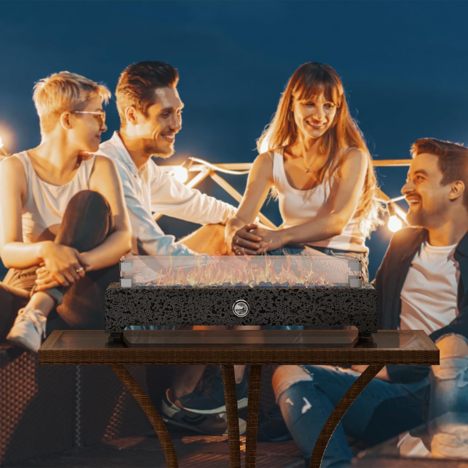 28" Tabletop Propane Fire Pit with Stainless Steel Burner and Glass Rocks Z1006