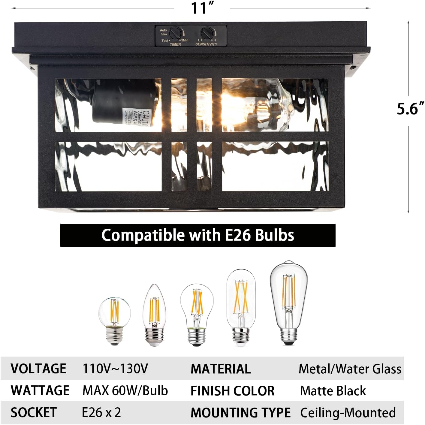 Industrial Motion Sensor Outdoor Flush Mount Ceiling Light, Water Ripple Glass Square Black 2-Light H17955