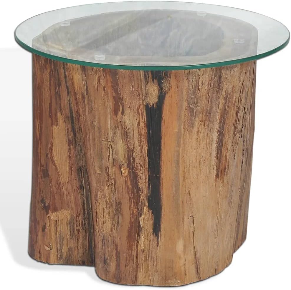 Teak Tree Stump Coffee Table with Tempered Glass Top P15897