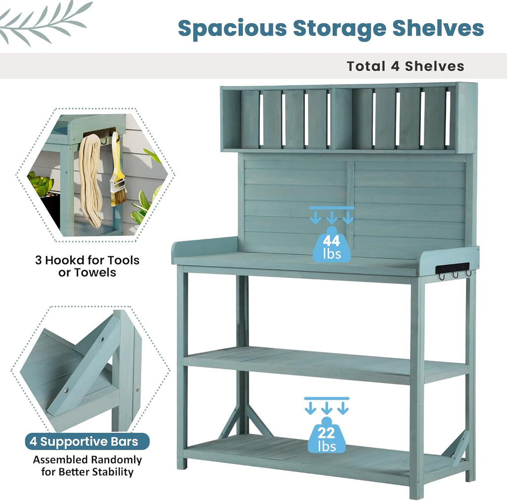 Green Wooden Potting Bench Table with 4 Storage Shelves and 3 Side Hook Z36850