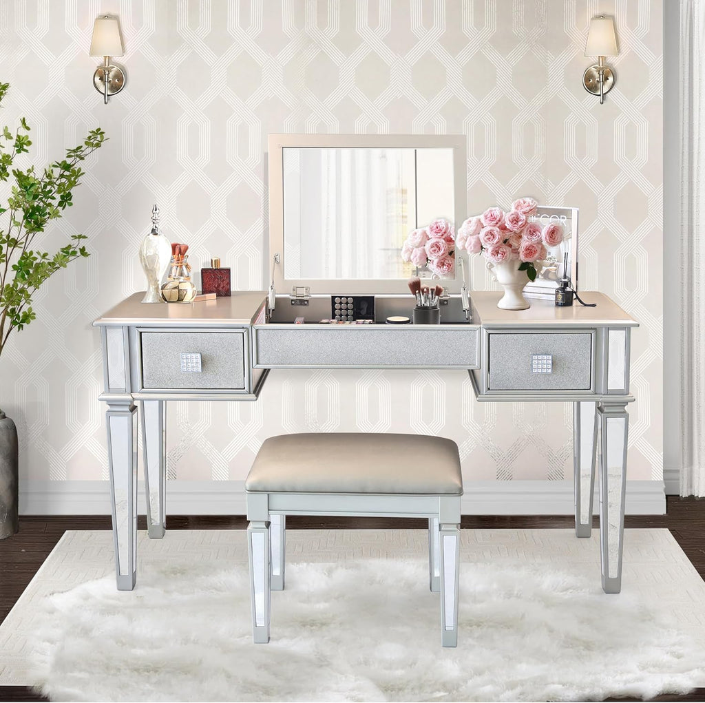 Mirrored Vanity Desk with Drawers and Stool G54363