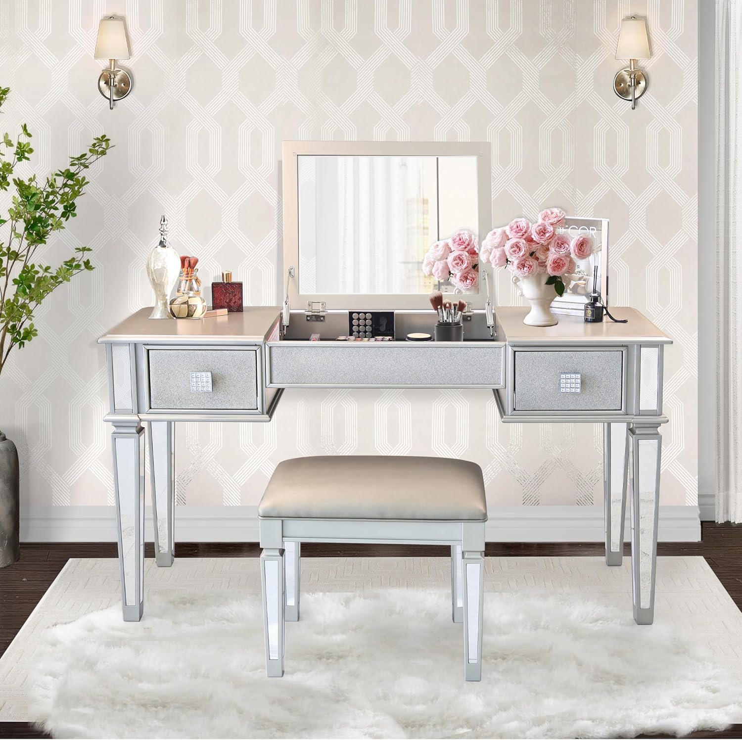 Mirrored Vanity Desk with Drawers and Stool G54363