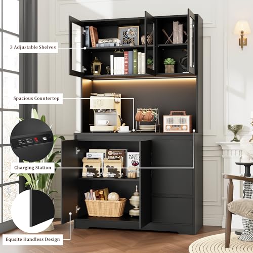 Black 71" Kitchen Pantry Cabinet with LED Lights and Charging Station R267550