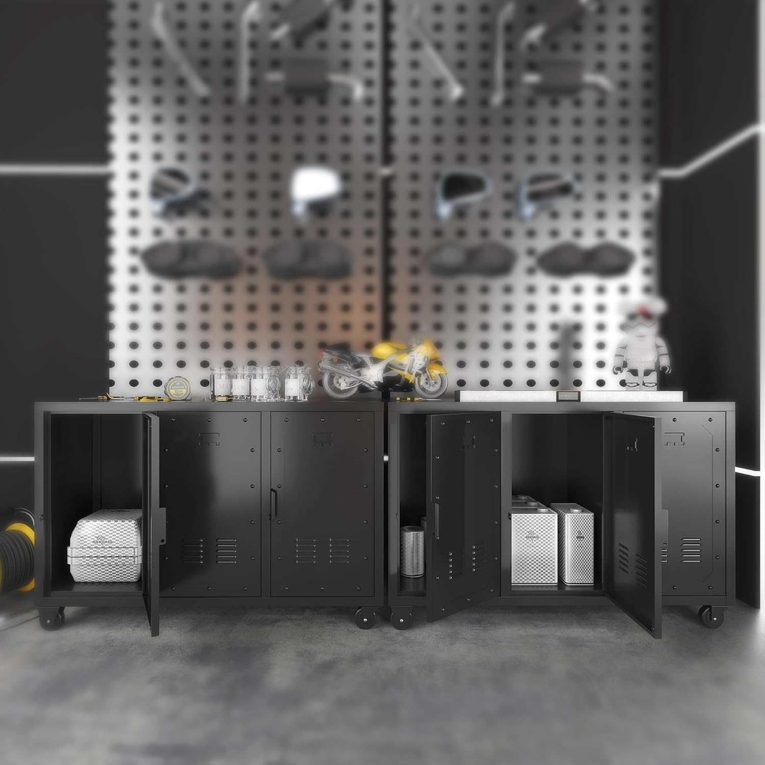 Metal Storage Cabinet with Wheels, 3 Doors L424