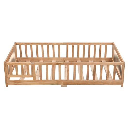 Gray Solid Wood Twin Size Floor Bed with Rails and Slats N23920