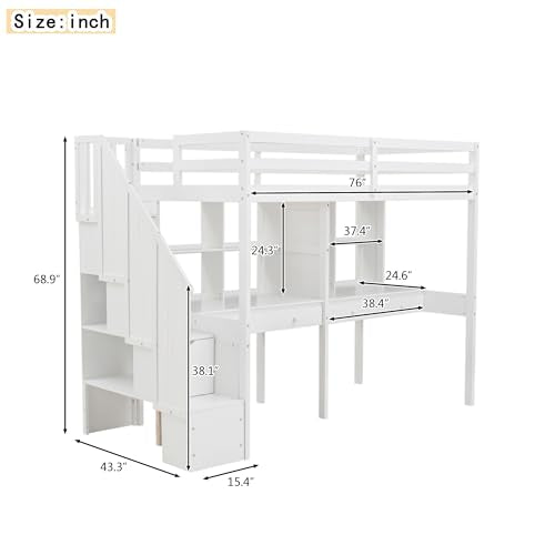 White Twin Size Wood Loft Bed with Stairs and Desks F6679