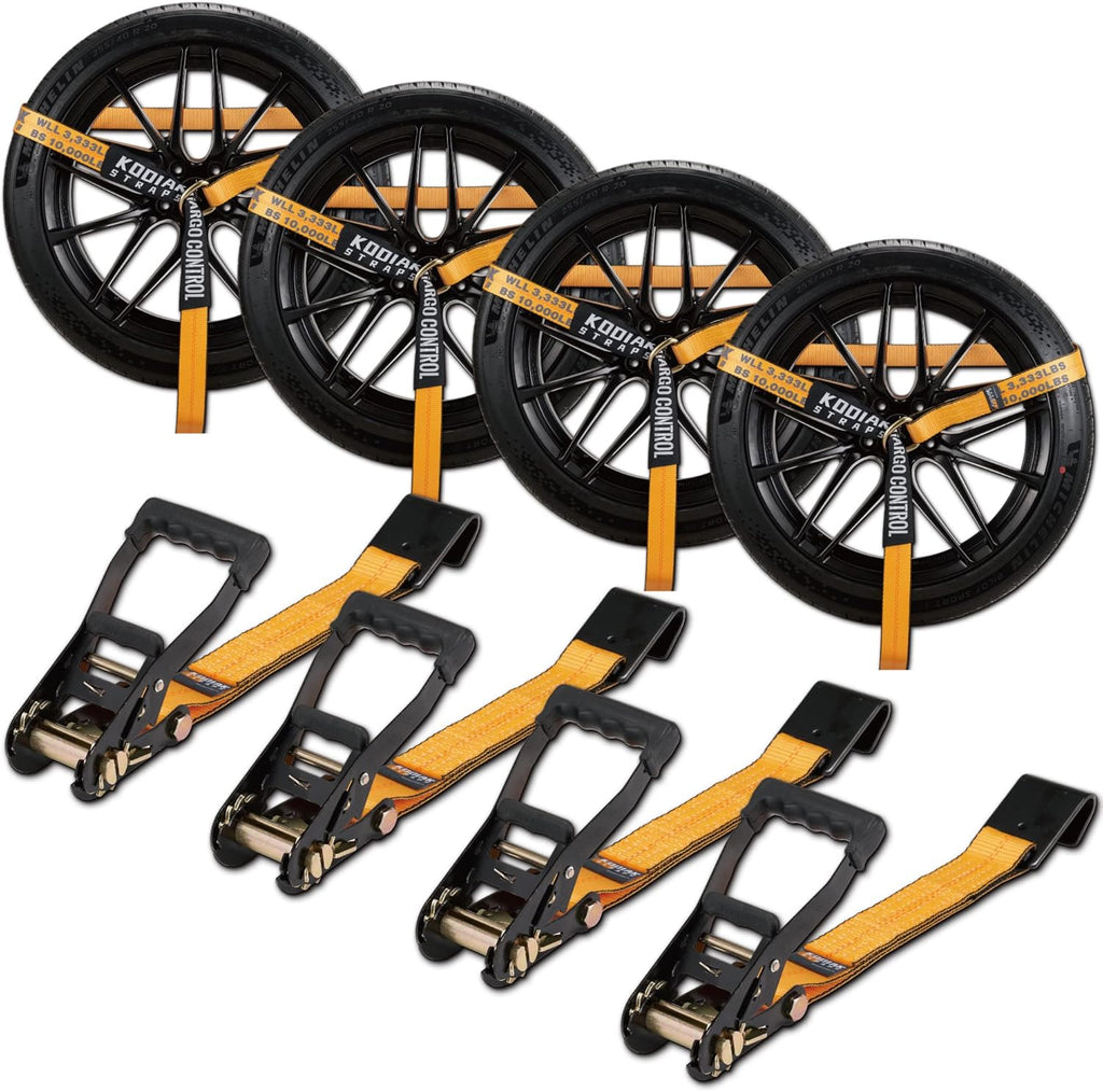 4 Pack Ratchet Car Tie Down Strap with Flat Hooks 2" x 144'' Heavy Duty 10,000lbs Min Break Strength Tire Straps T196627