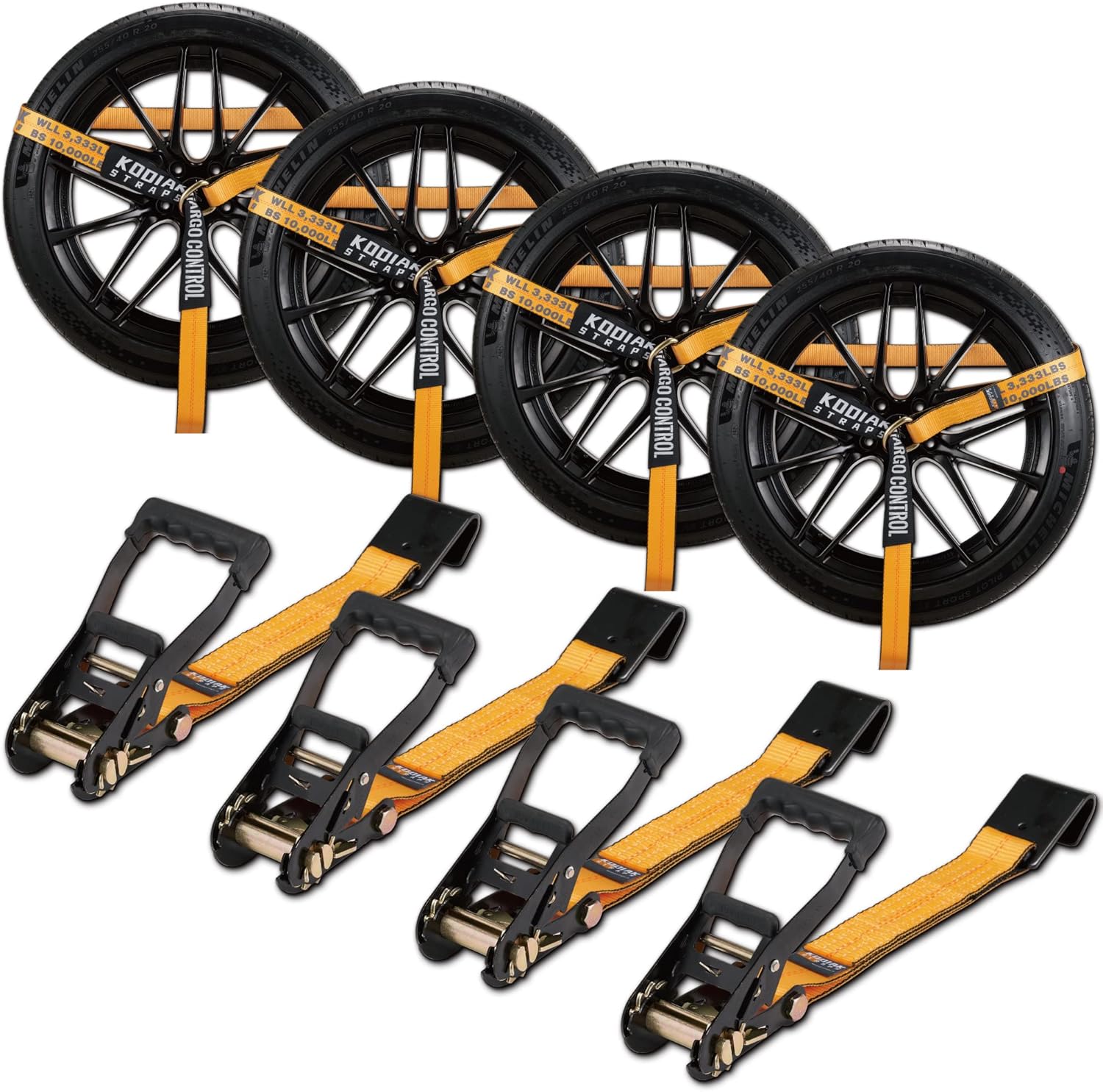 4 Pack Ratchet Car Tie Down Strap with Flat Hooks 2" x 144'' Heavy Duty 10,000lbs Min Break Strength Tire Straps T196627