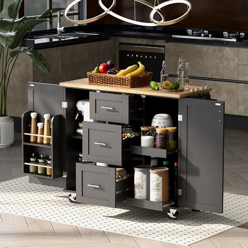 Grey Blue Rolling Kitchen Cart with 3 Drawers and Rubber Wood Top N244