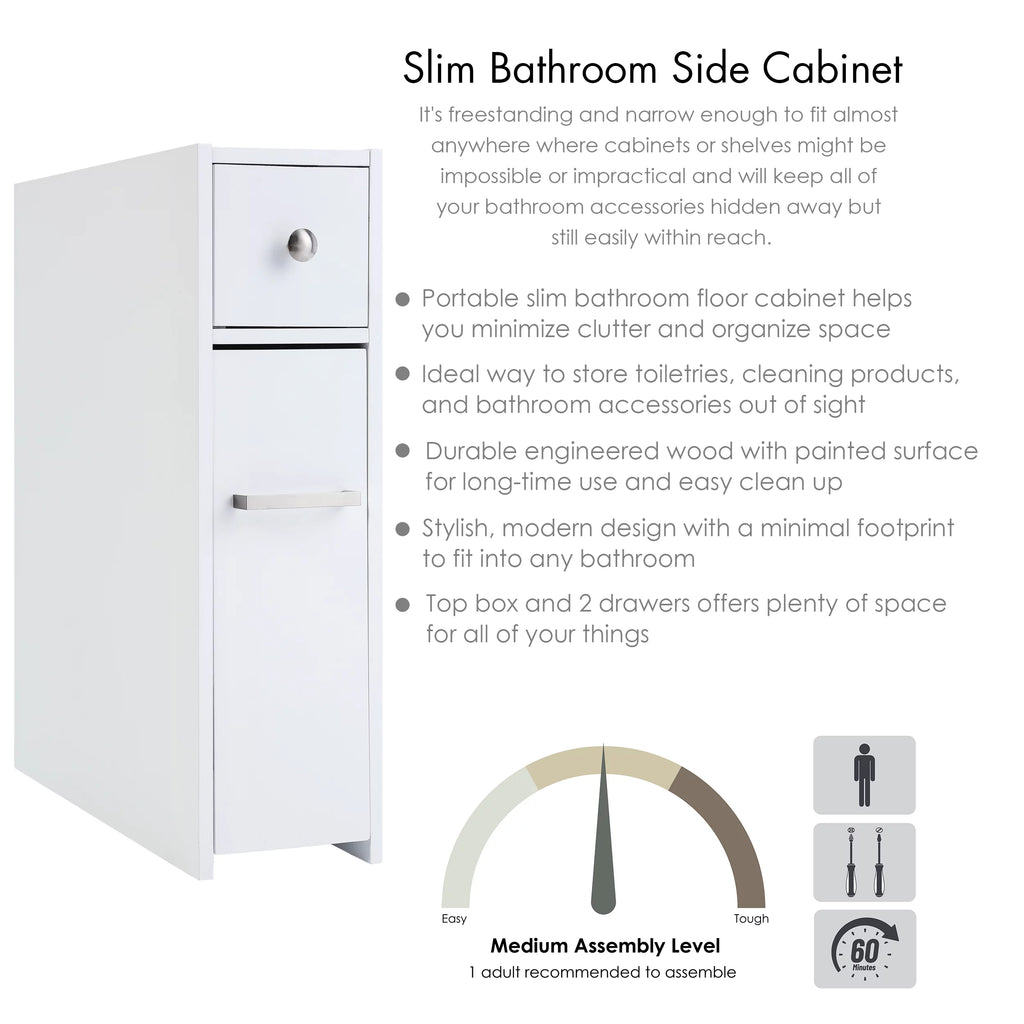 White Slim Bathroom Storage Cabinet with Toilet Paper Holder and Slide Out Drawer S97257