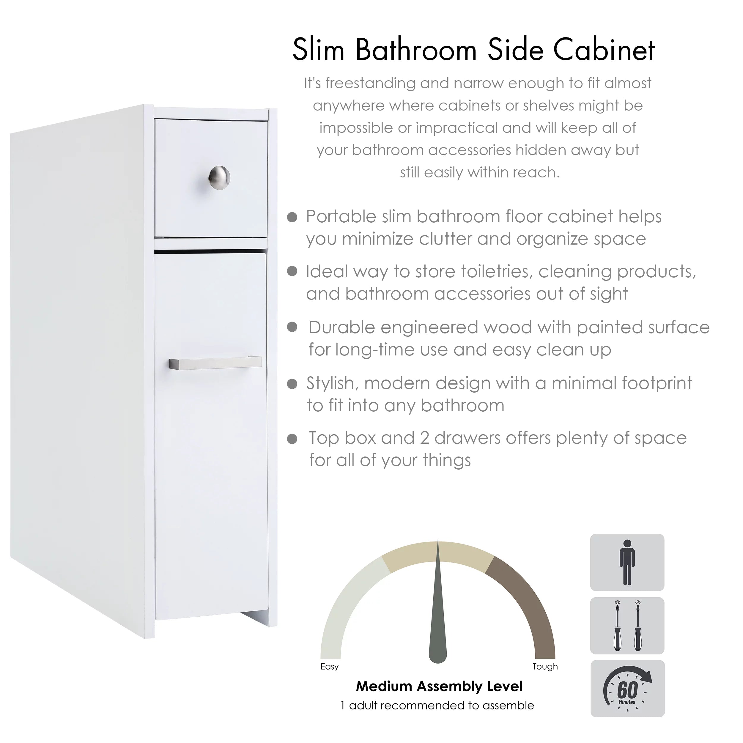 White Slim Bathroom Storage Cabinet with Toilet Paper Holder and Slide Out Drawer S97257