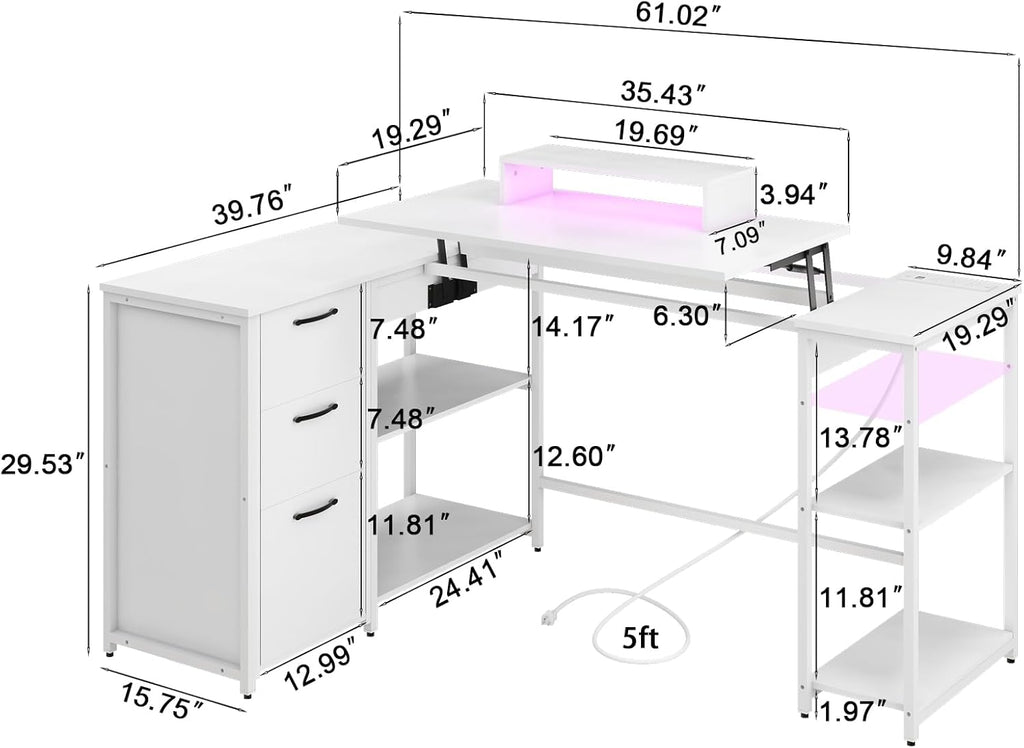 61" L Shaped Desk with Lift Top, Power Outlets, Drawers, Open Storage Shelf, Monitor Stand N6682