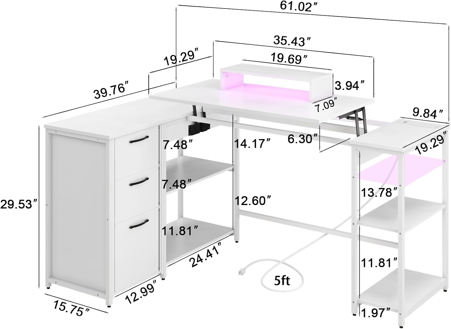 61" L Shaped Desk with Lift Top, Power Outlets, Drawers, Open Storage Shelf, Monitor Stand N6682